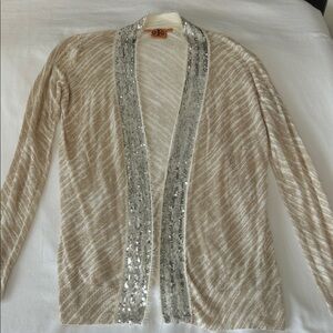 Tory Burch Cream and Silver Sequin-Trim Open Cardigan
